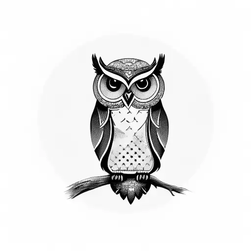 Compose a captivating image showcasing an elegant owl gracefully perched atop a stack of books. Convey a sense of wisdom tattoo design idea