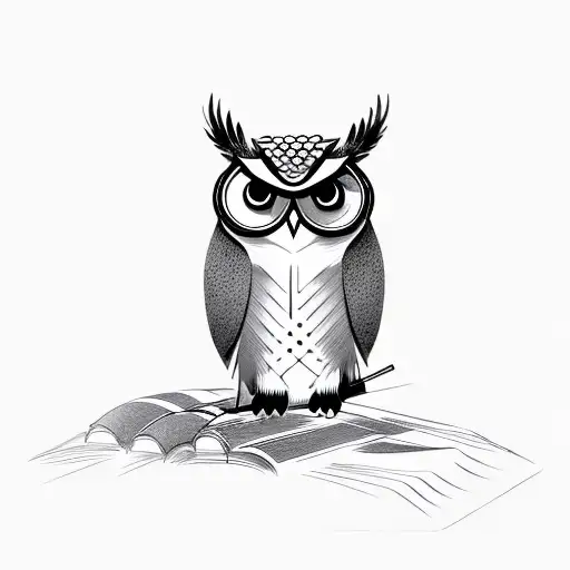 Compose a captivating image showcasing an elegant owl gracefully perched atop a stack of books. Convey a sense of wisdom tattoo design idea