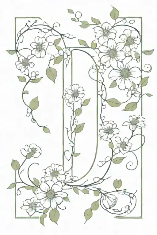 vines wrapped with daisies and sweet pea flowers with letter O tattoo design idea
