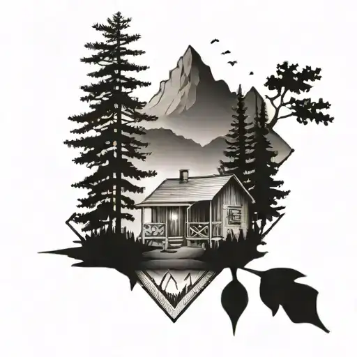 A dotwork tattoo of a serene mountain landscape with a cabin nestled among the trees, incorporating elements of carpentry tools subtly in the design tattoo design idea