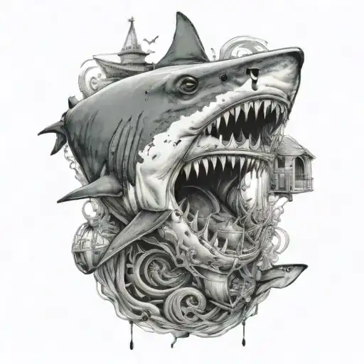 shark mouth with lighthouses, jellyfish, and stingray in the mouth   tattoo design idea