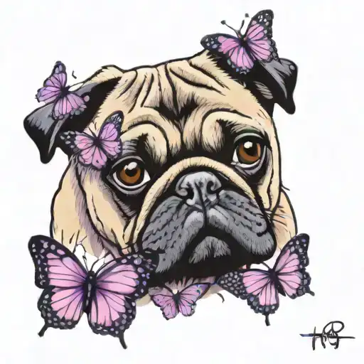 Pug with purple butterflies tattoo design idea