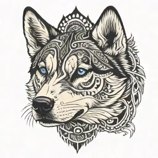 siberian husky symmetrical face with half of the face with realism and the other half with tribal tattoo design idea