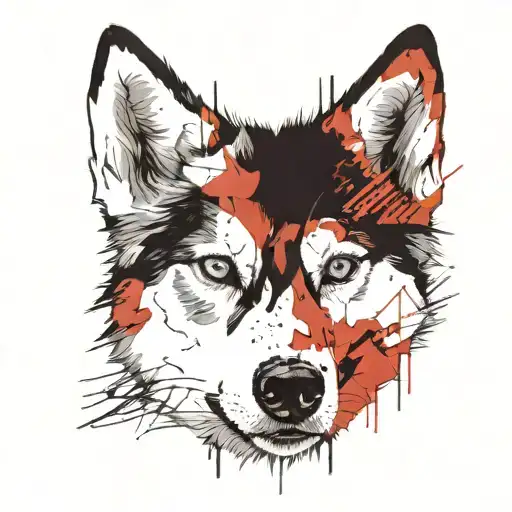 siberian husky symmetrical face with half of the face with realism and the other half with tribal tattoo design idea