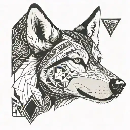 siberian husky symmetrical face with half of the face with realism and the other half with tribal tattoo design idea