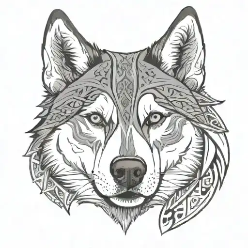 siberian husky symmetrical face with half of the face with realism and the other half with tribal tattoo design idea