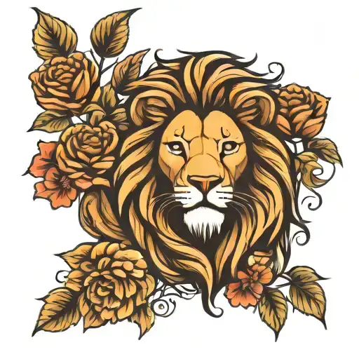 lion with flowers intertwined tattoo design idea
