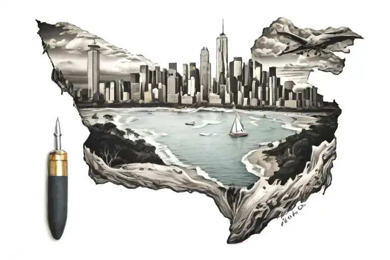 beach landscape, new york city skyline, mountains inside tattoo design idea