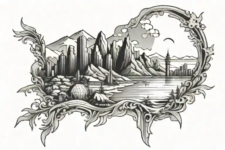 beach landscape, city skyline, mountains inside tattoo design idea