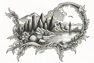 beach landscape, city skyline, mountains inside tattoo design idea