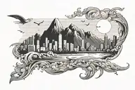 beach landscape, city skyline, mountains inside tattoo design idea