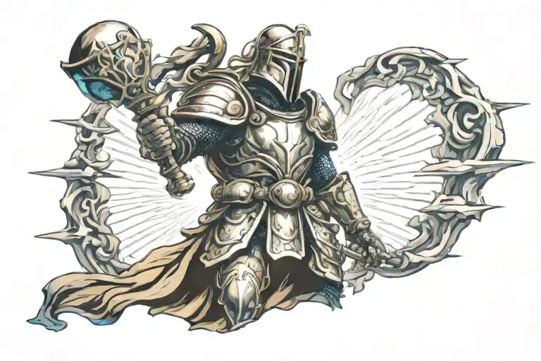 paladin with a mace weapon raised in the air  tattoo design idea