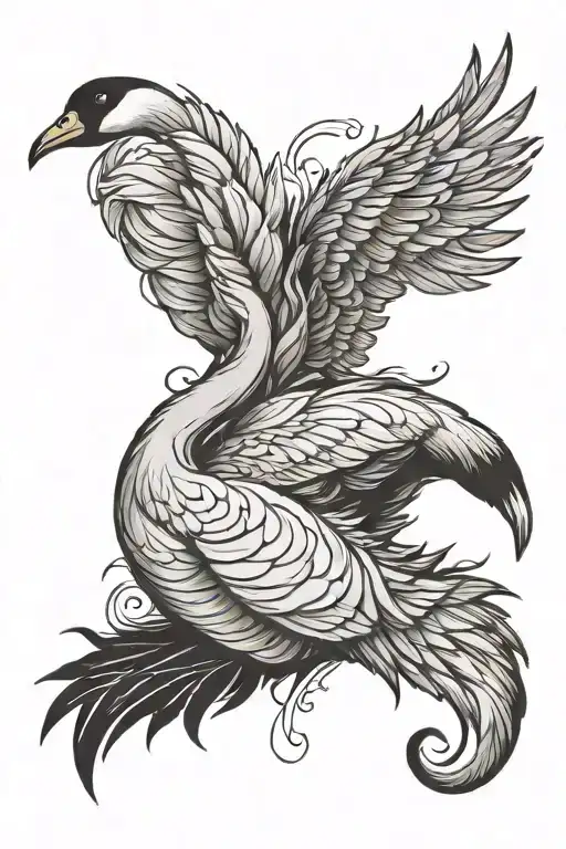 Black and grey forearm swan with big feathers towards elbow tattoo design idea