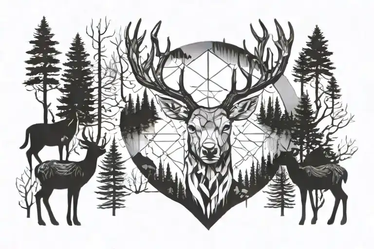 Forest blackout symmetrical geometric deer face surrounded tattoo design idea
