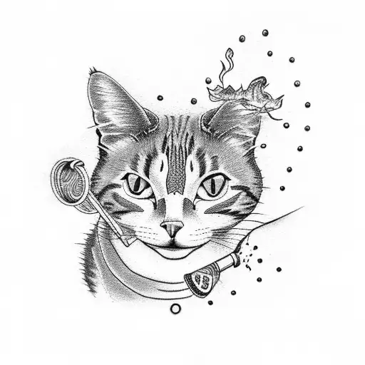 A dotwork tattoo of a cat smoking a joint at a rave tattoo design idea