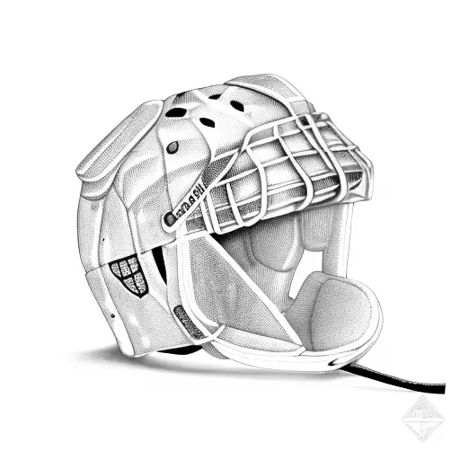 hockey goal keeper helmet with his hockey sticks and puk tattoo design idea