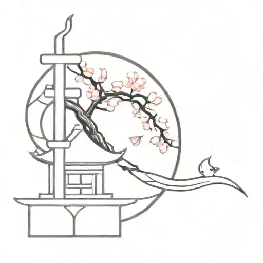 cherry blossom and temple and koi fish yin yang tattoo design idea