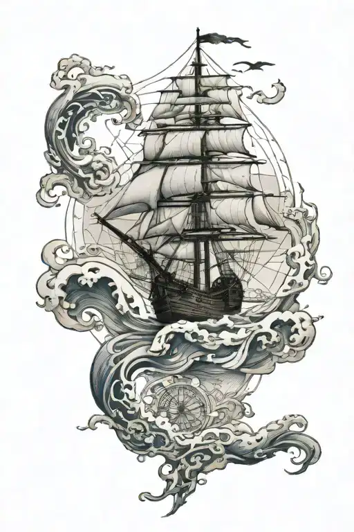 ship and map navigating by the ocean waves tattoo design idea