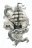 ship and map navigating by the ocean waves tattoo design idea