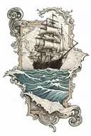 ship and map navigating by the ocean waves tattoo design idea