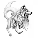 fenrir wolf attack pose, black color red eyes lightining, nordic runes on it tattoo design idea