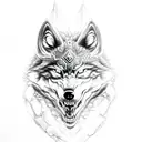 fenrir wolf attack pose, black color red eyes lightining, nordic runes on it tattoo design idea