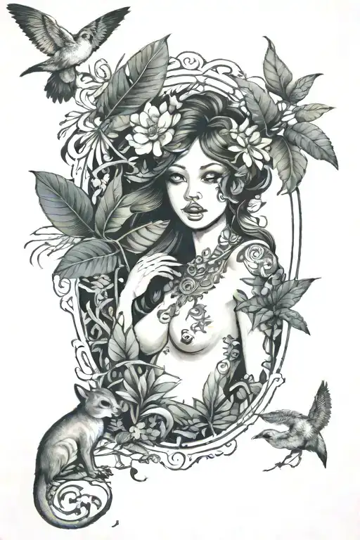 A dreamy nude girl with wild animals peeking out from the jungle background tattoo design idea