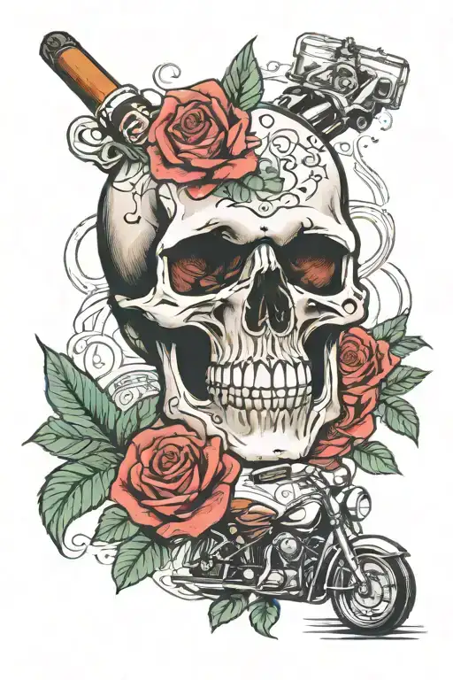 skull and rose design featuring cigars, whiskey, and traditional motorcycle.  tattoo design idea
