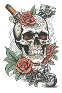 skull and rose design featuring cigars, whiskey, and traditional motorcycle.  tattoo design idea