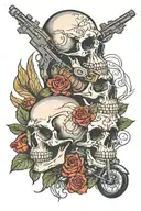 skull and rose design featuring cigars, whiskey, and traditional motorcycle.  tattoo design idea
