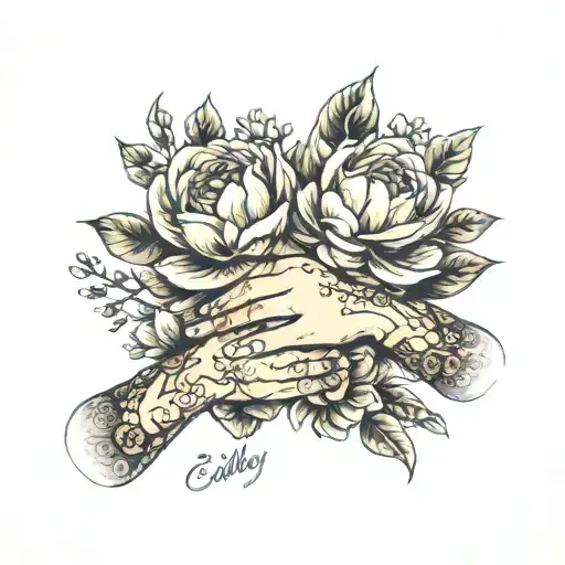 kids holding Mums hand with the names Emily-Rae,  Elliot, Esmé tattoo design idea