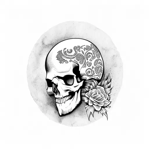 A skull with a raven perched on top, surrounded by intricate blackwork designs tattoo design idea
