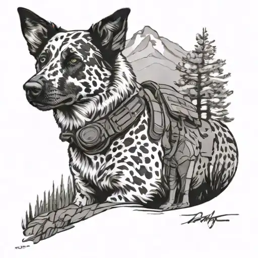 A tattoo design of a hunter in camouflage gear standing on a mountain peak, with a blue heeler by his side tattoo design idea