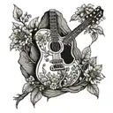 An environmental science-themed tattoo of a tree growing out of a rock n roll guitar, with wildflowers blooming around it tattoo design idea