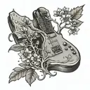 An environmental science-themed tattoo of a tree growing out of a rock n roll guitar, with wildflowers blooming around it tattoo design idea
