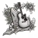 An environmental science-themed tattoo of a tree growing out of a rock n roll guitar, with wildflowers blooming around it tattoo design idea