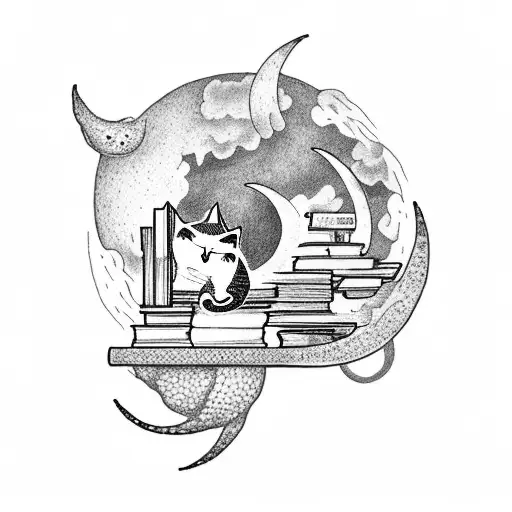 A dotwork tattoo of a bookshelf filled with books, with a crescent moon shining down on it and a cat lying on top of the books tattoo design idea