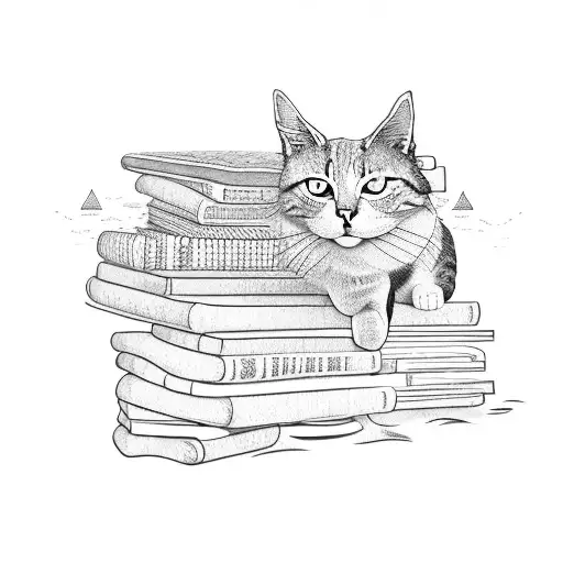 A dotwork tattoo of a cat sitting on a stack of books with a beach scene in the background tattoo design idea