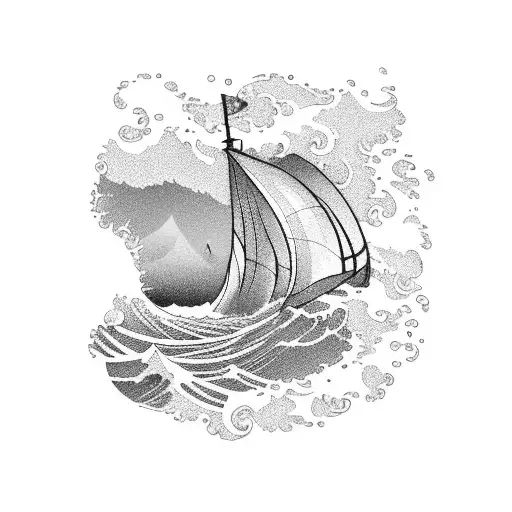 A blackwork tattoo of a music sheet transforming into crashing waves, with a cat silhouette sitting on top of the waves tattoo design idea