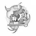 A dotwork tattoo of a bookshelf filled with books, with a crescent moon shining down on it and a cat lying on top of the books tattoo design idea
