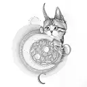 A dotwork tattoo of a bookshelf filled with books, with a crescent moon shining down on it and a cat lying on top of the books tattoo design idea