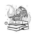 A dotwork tattoo of a bookshelf filled with books, with a crescent moon shining down on it and a cat lying on top of the books tattoo design idea