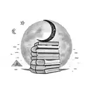 A dotwork tattoo of a bookshelf filled with books, with a crescent moon shining down on it and a cat lying on top of the books tattoo design idea