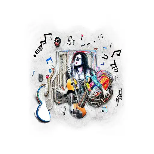 A surrealistic portrait of Alice Cooper surrounded by musical notes and instruments tattoo design idea