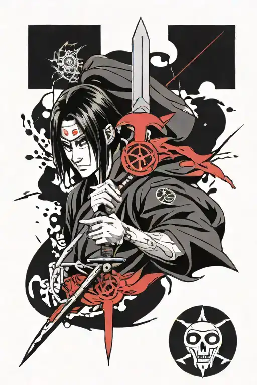 itachi uchiha with big kunai knife as center piece  tattoo design idea