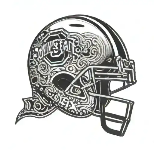 A stylized Ohio State football helmet with intricate blackwork details tattoo design idea