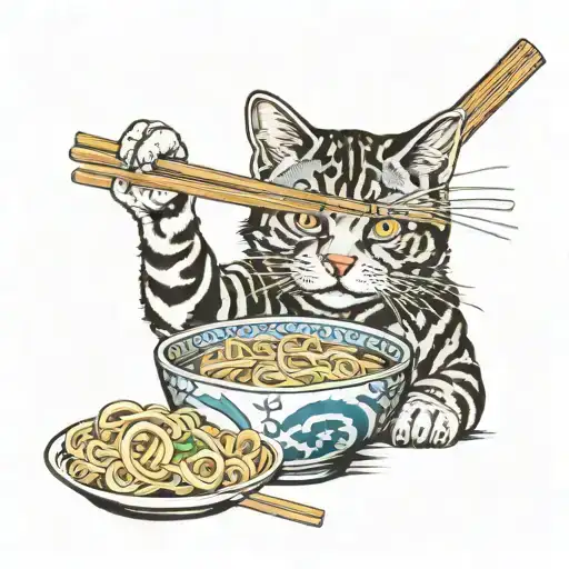 cat eating ramen noodles with chopsticks tattoo design idea