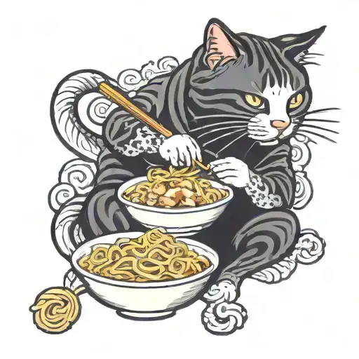 cat eating ramen noodles tattoo design idea