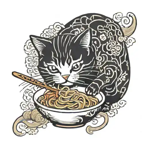 cat eating ramen noodles tattoo design idea