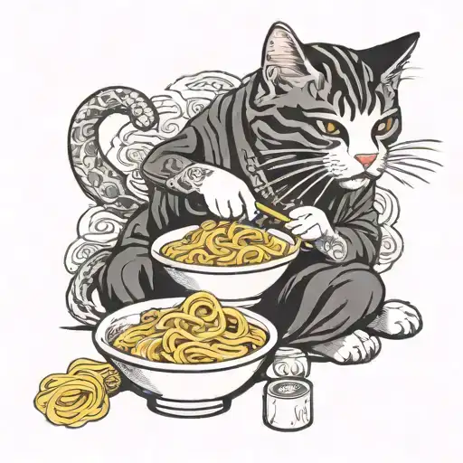 cat eating ramen noodles tattoo design idea